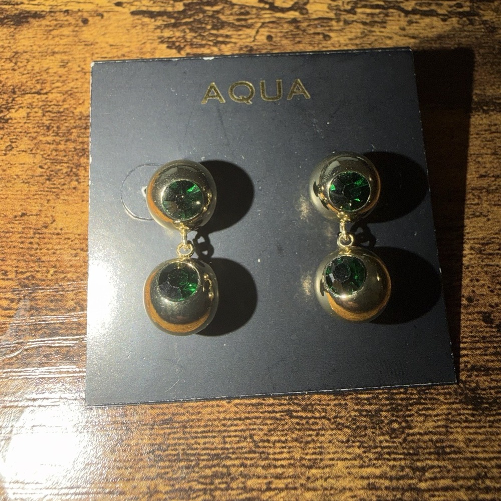 Aqua Emerald Gemstone Drop Earrings Gold Tone - Picture 2 of 4